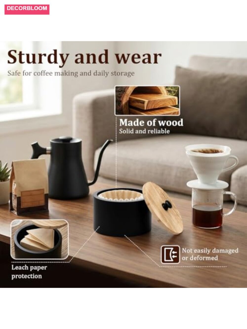 Wood Coffee Filter Holder with Lid Farmhouse Storage Container - Picture 2 of 6